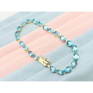 Unique 14K Yellow Gold Designer Blue Topaz Tennis Link Bracelet 6.75" Length